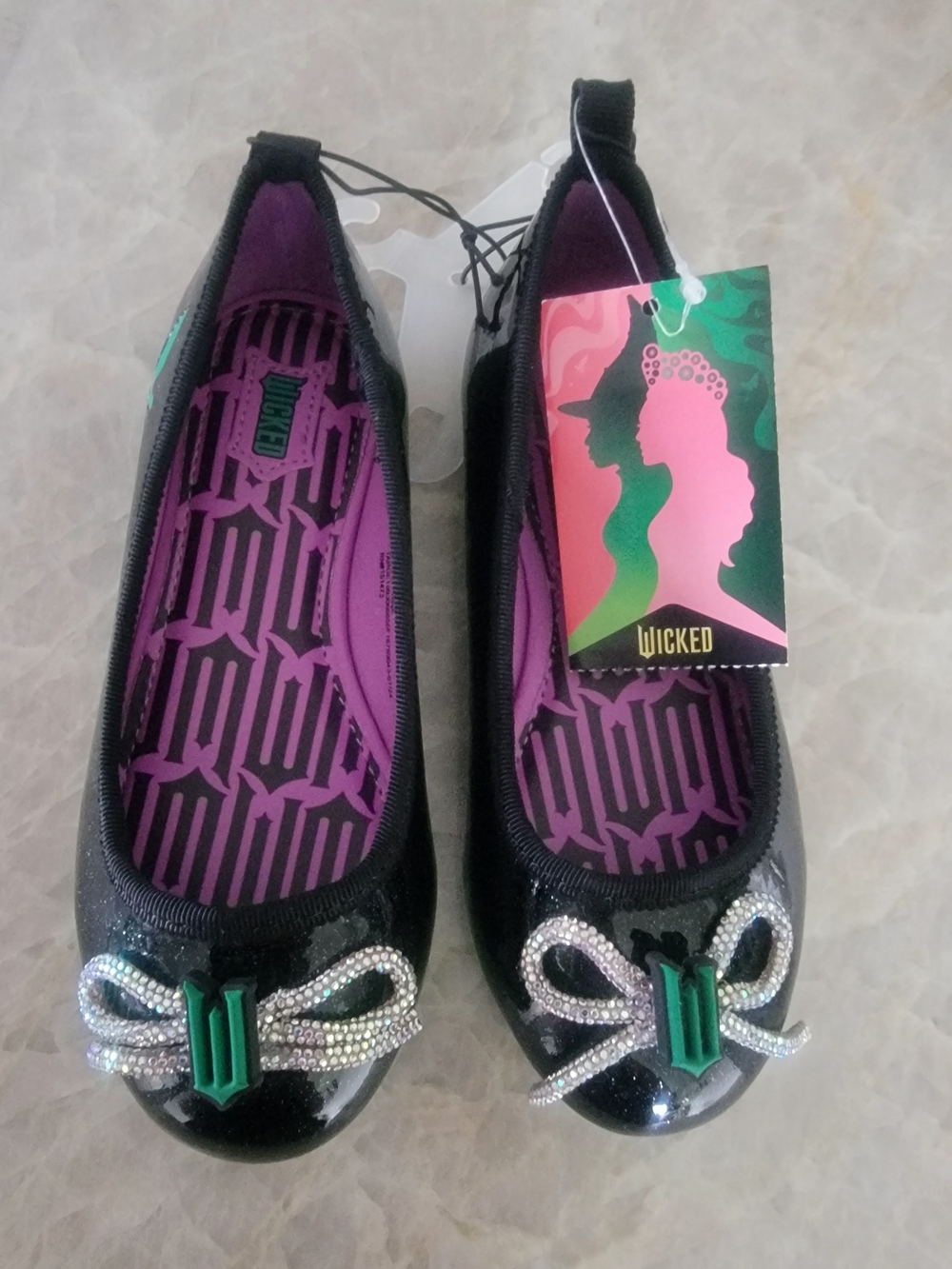 Kids Black Ballet Flats with Purple Insole and Green Accent -Wicked Size 3 & 11T